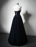 Navy Blue A-line Floor Length Scoop Beaded Party Dress, Navy Blue Prom Dress